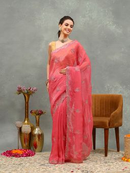 MEENA BAZAAR - Embroidered Pink Chiffon Saree with Unstitched Blouse