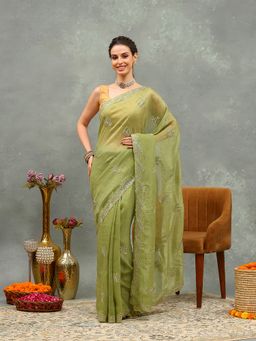 MEENA BAZAAR - Embroidered Green Chiffon Saree with Unstitched Blouse