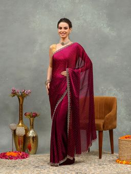 MEENA BAZAAR - Embroidered Magenta Chiffon Saree with Unstitched Blouse
