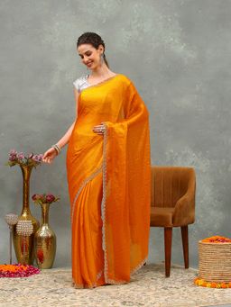 MEENA BAZAAR - Embroidered Mustard Chiffon Saree with Unstitched Blouse