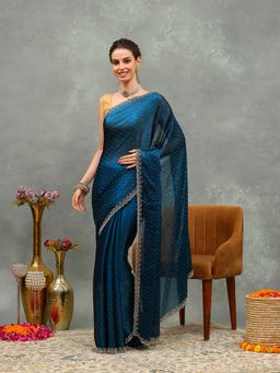 MEENA BAZAAR - Embroidered Blue Chiffon Saree with Unstitched Blouse