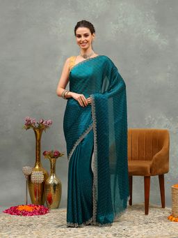 MEENA BAZAAR - Embroidered Blue Chiffon Saree with Unstitched Blouse
