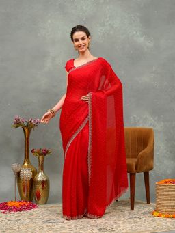 MEENA BAZAAR - Embroidered Red Chiffon Saree with Unstitched Blouse