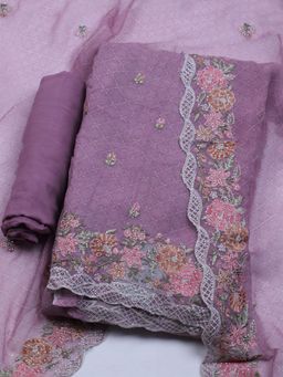 MEENA BAZAAR - Embroidered Mauve Organza Unstitched Dress Material
