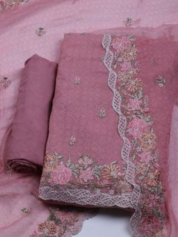 MEENA BAZAAR - Pink Embroidered Organza Unstitched Dress Material