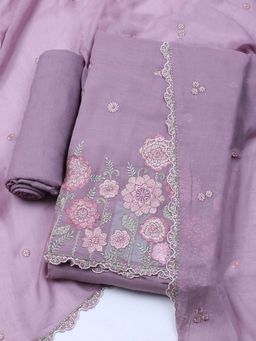 MEENA BAZAAR - Embroidered Mauve Cotton Unstitched Dress Material
