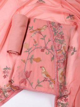 MEENA BAZAAR - Embroidered Cotton Unstitched Peach Dress Material