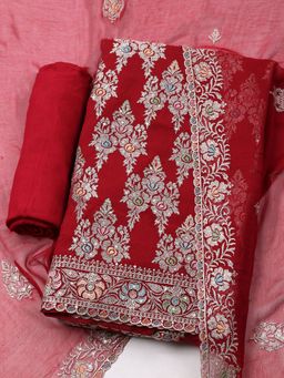 MEENA BAZAAR - Embroidered Maroon Organza Unstitched Dress Material