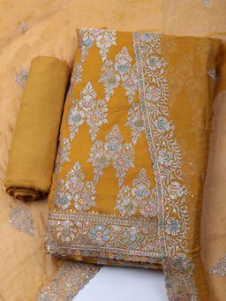 MEENA BAZAAR - Embroidered Mustard Organza Unstitched Dress Material