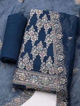 MEENA BAZAAR - Embroidered Blue Organza Unstitched Dress Material