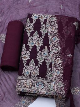 MEENA BAZAAR - Embroidered Wine Organza Unstitched Dress Material