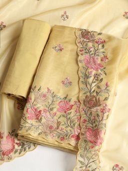 MEENA BAZAAR - Embroidered Mustard Organza Unstitched Dress Material