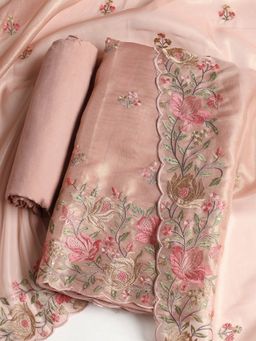 MEENA BAZAAR - Embroidered Peach Organza Unstitched Dress Material