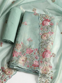 MEENA BAZAAR - Green Embroidered Organza Unstitched Dress Material