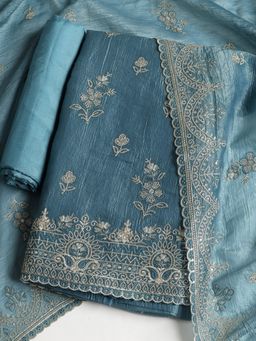 MEENA BAZAAR - Embroidered Blue Tissue Unstitched Dress Material
