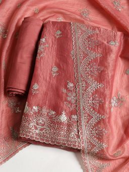 MEENA BAZAAR - Embroidered Pink Tissue Unstitched Dress Material