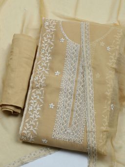 MEENA BAZAAR - Embroidered Beige Organza Unstitched Dress Material