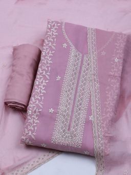 MEENA BAZAAR - Pink Embroidered Organza Unstitched Dress Material