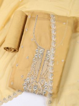 MEENA BAZAAR - Embroidered Mustard Organza Unstitched Dress Material