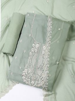 MEENA BAZAAR - Green Embroidered Organza Unstitched Dress Material