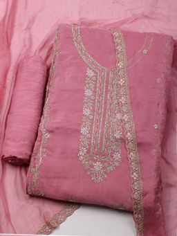 MEENA BAZAAR - Pink Embroidered Organza Unstitched Dress Material