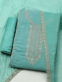 MEENA BAZAAR - Green Embroidered Organza Unstitched Dress Material
