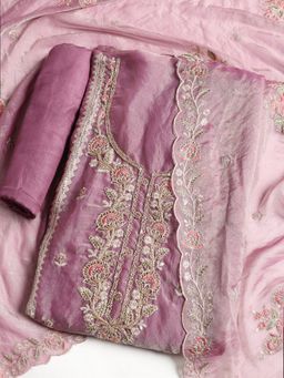 MEENA BAZAAR - Embroidered Mauve Tissue Unstitched Dress Material