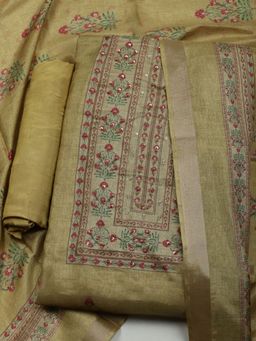 MEENA BAZAAR - Embroidered Green Tussar Unstitched Dress Material