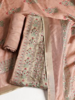 MEENA BAZAAR - Embroidered Peach Tussar Unstitched Dress Material