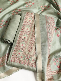MEENA BAZAAR - Embroidered Green Tussar Unstitched Dress Material