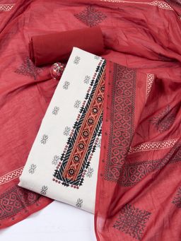 MEENA BAZAAR - Printed Cream Cotton Unstitched Dress Material