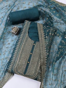 MEENA BAZAAR - Blue Embroidered Chanderi Unstitched Dress Material