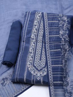 MEENA BAZAAR - Embroidered Blue Muslin Unstitched Dress Material