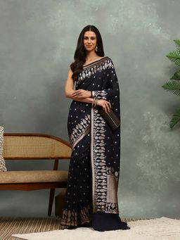 MEENA BAZAAR - Woven Black Cotton Saree with Unstitched Blouse