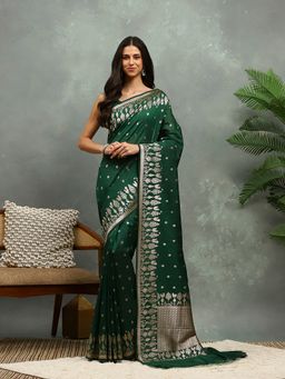 MEENA BAZAAR - Green Cotton Saree with Unstitched Blouse