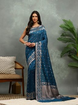 MEENA BAZAAR - Woven Blue Cotton Saree with Unstitched Blouse