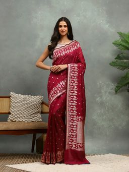 MEENA BAZAAR - Woven Magenta Cotton Saree with Unstitched Blouse