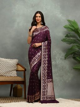 MEENA BAZAAR - Woven Wine Cotton Saree with Unstitched Blouse