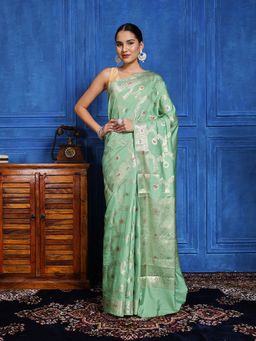 MEENA BAZAAR - Green Cotton Saree with Unstitched Blouse