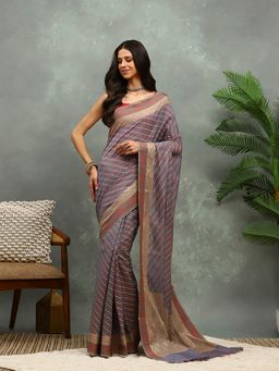 MEENA BAZAAR - Blue Woven Cotton Saree with Unstitched Blouse
