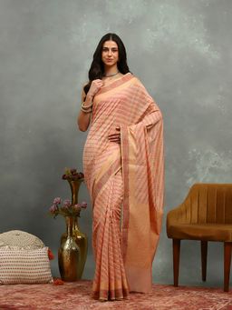 MEENA BAZAAR - Woven Peach Cotton Saree with Unstitched Blouse