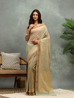 MEENA BAZAAR - Green Cotton Saree with Unstitched Blouse