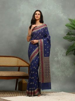 MEENA BAZAAR - Blue Woven Cotton Saree with Unstitched Blouse