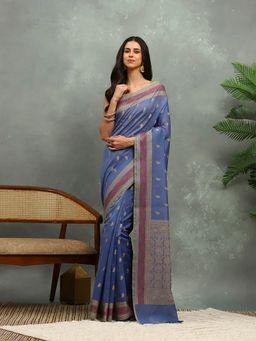 MEENA BAZAAR - Blue Woven Cotton Saree with Unstitched Blouse