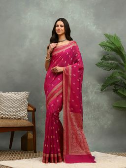 MEENA BAZAAR - Woven Magenta Cotton Saree with Unstitched Blouse