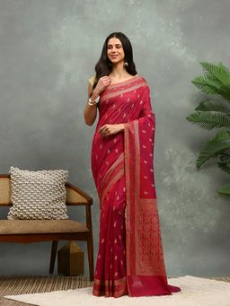 MEENA BAZAAR - Woven Maroon Cotton Saree with Unstitched Blouse