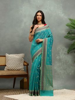 MEENA BAZAAR - Green Cotton Saree with Unstitched Blouse