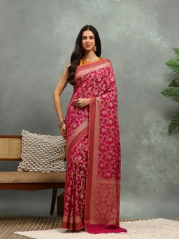 MEENA BAZAAR - Woven Magenta Cotton Saree with Unstitched Blouse