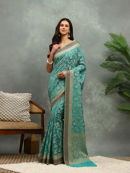 MEENA BAZAAR - Cotton Green Saree with Unstitched Blouse