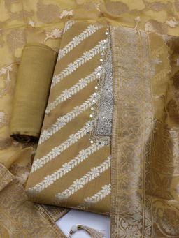 MEENA BAZAAR - Embroidered Chanderi Green Unstitched Dress Material